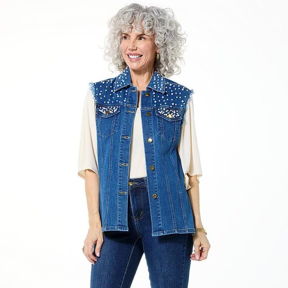 IMAN Women's Global Chic Studded Denim Vest Size XS - Picture 1 of 8